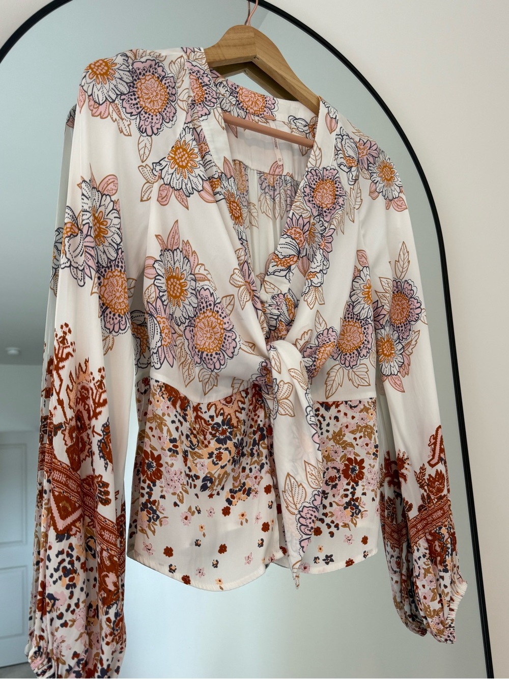 Free People Floral Tie-Front Blouse - Cream with Rust & Pink